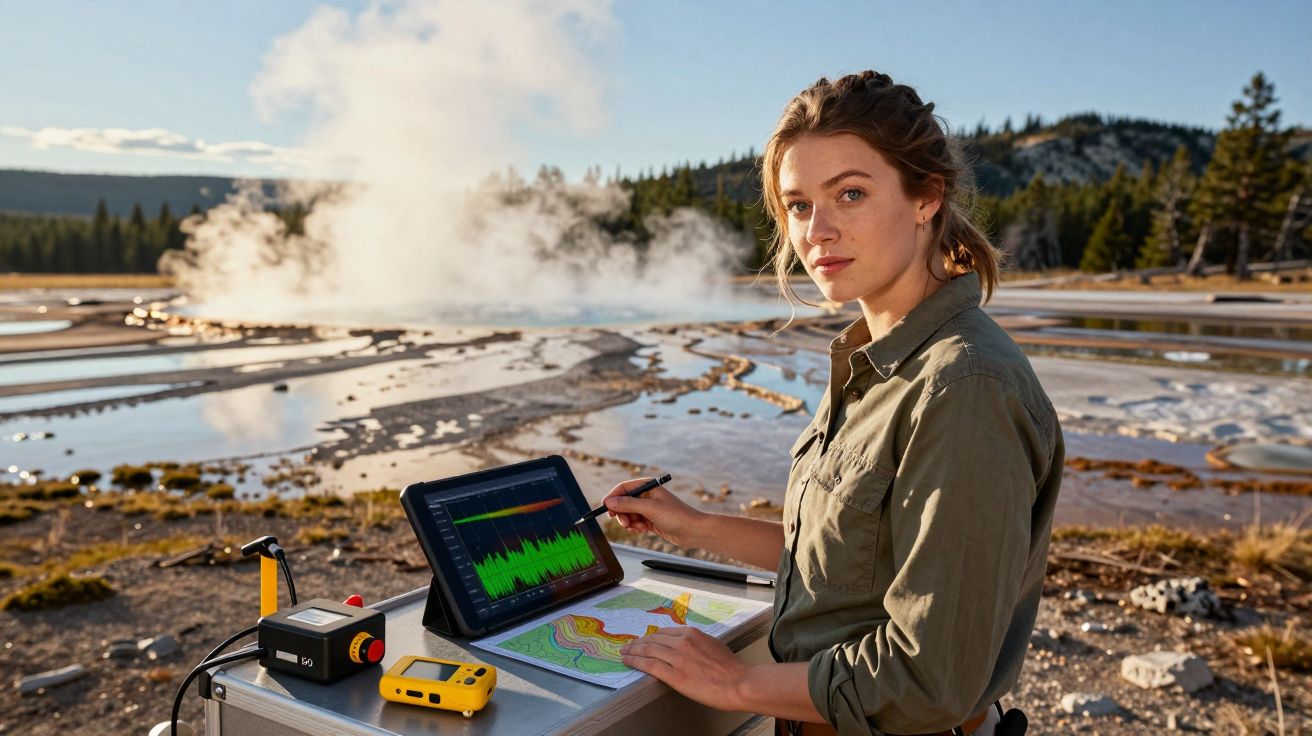 Mulher jovem a analisar gráficos e mapas geológicos num campo geotérmico com vapor visível ao fundo.