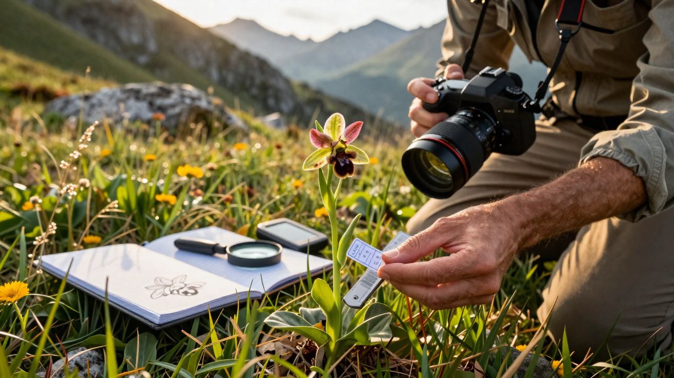 Pessoa a fotografar orquídea selvagem na natureza, com caderno, lupa e dispositivo de medição ao lado.