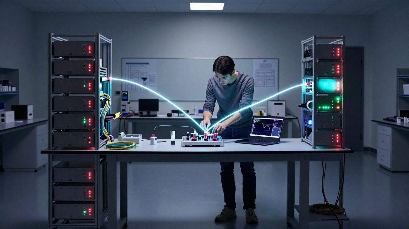 Homem a trabalhar em laboratório tecnológico com servidores e computador portátil ligado a circuitos eletrónicos.