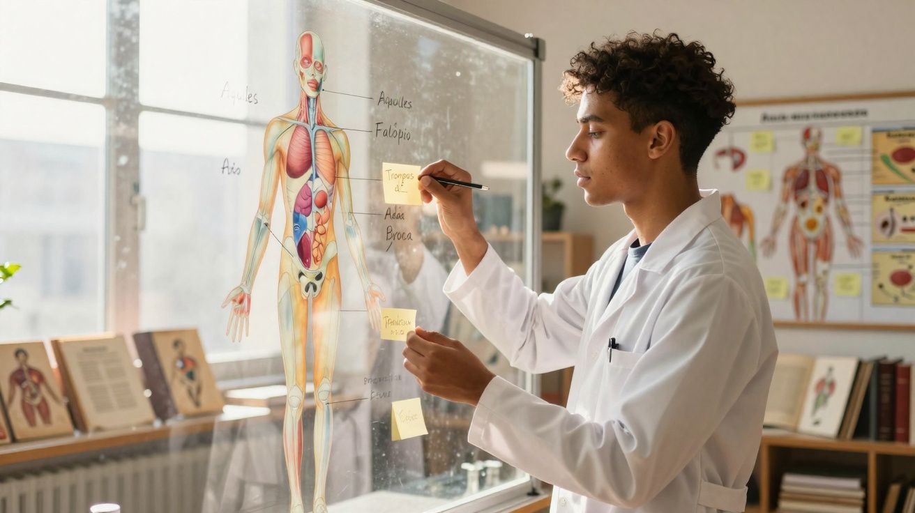 Jovem cientista em bata branca escreve em post-its numa ilustração transparente do corpo humano.