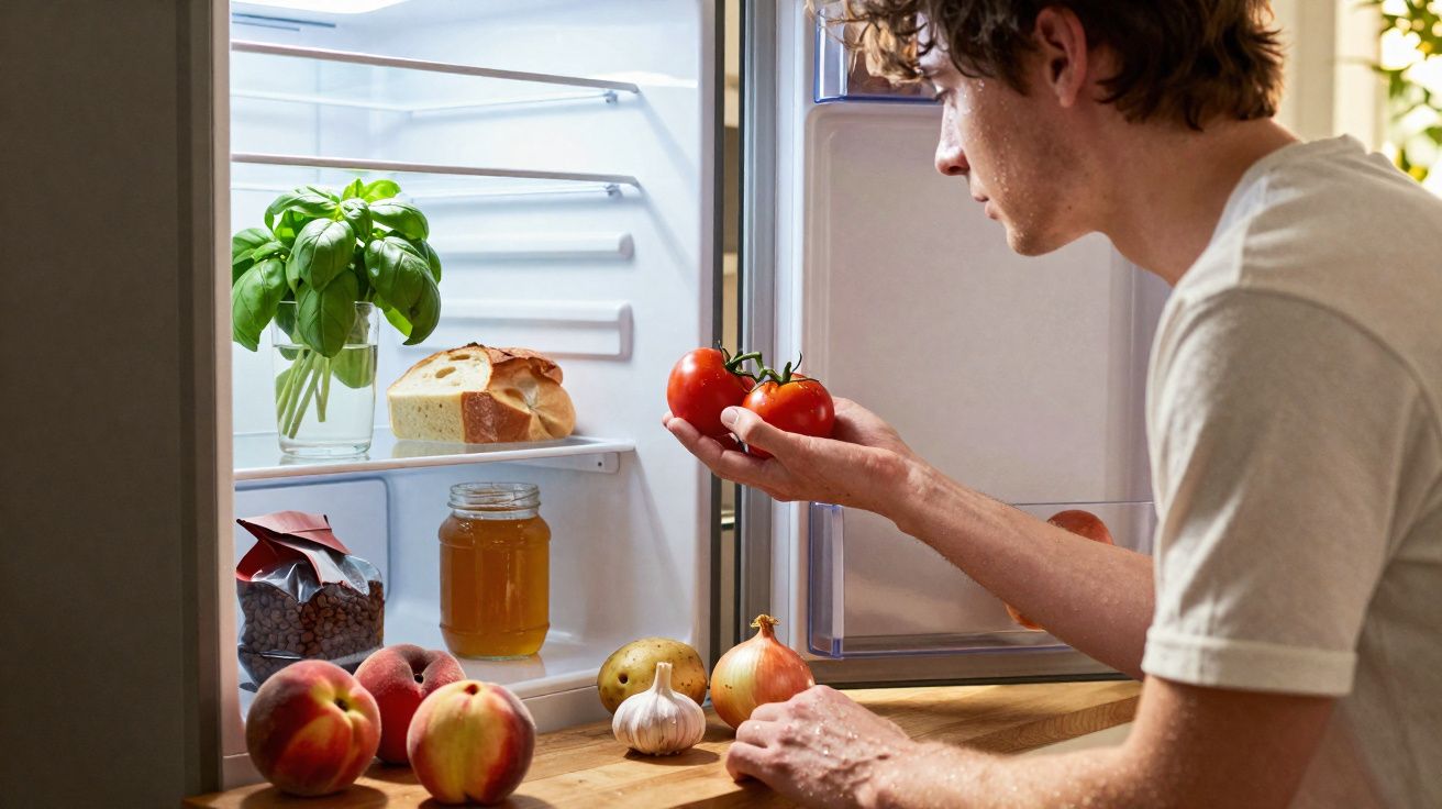 Homem a tirar tomates de frigorífico com pão, manjericão, pêssegos, alho, cebola e batata na bancada.
