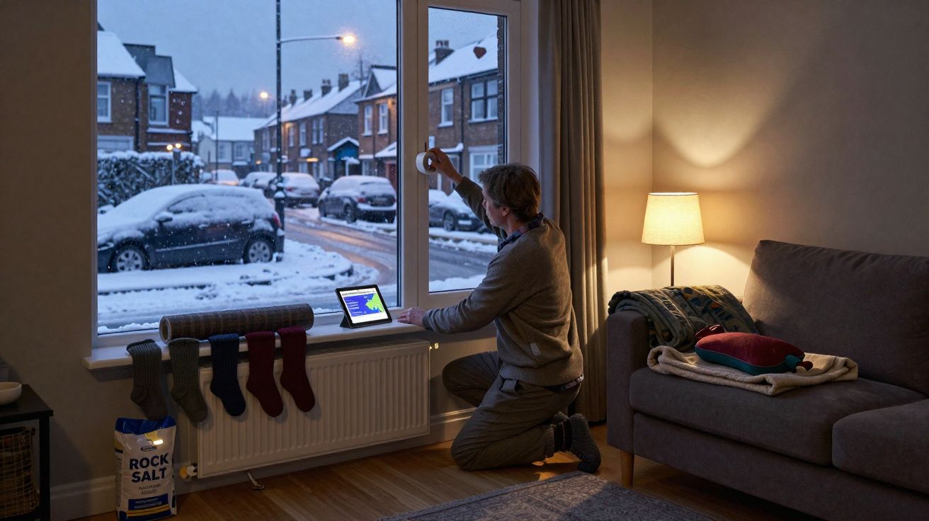 Homem a decorar janela de sala com meias, vista de neve e carros na rua ao anoitecer.