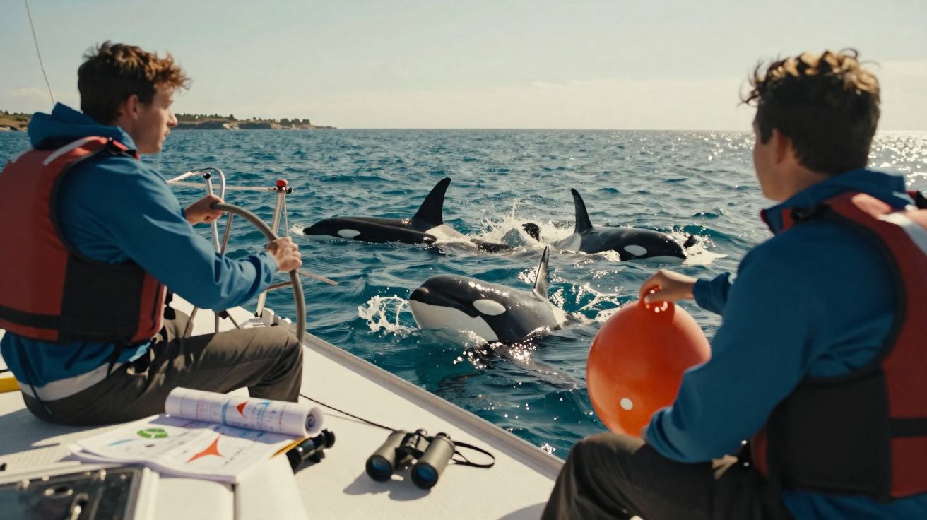 Dois jovens observam três orcas a nadar perto de um barco no mar calmo.