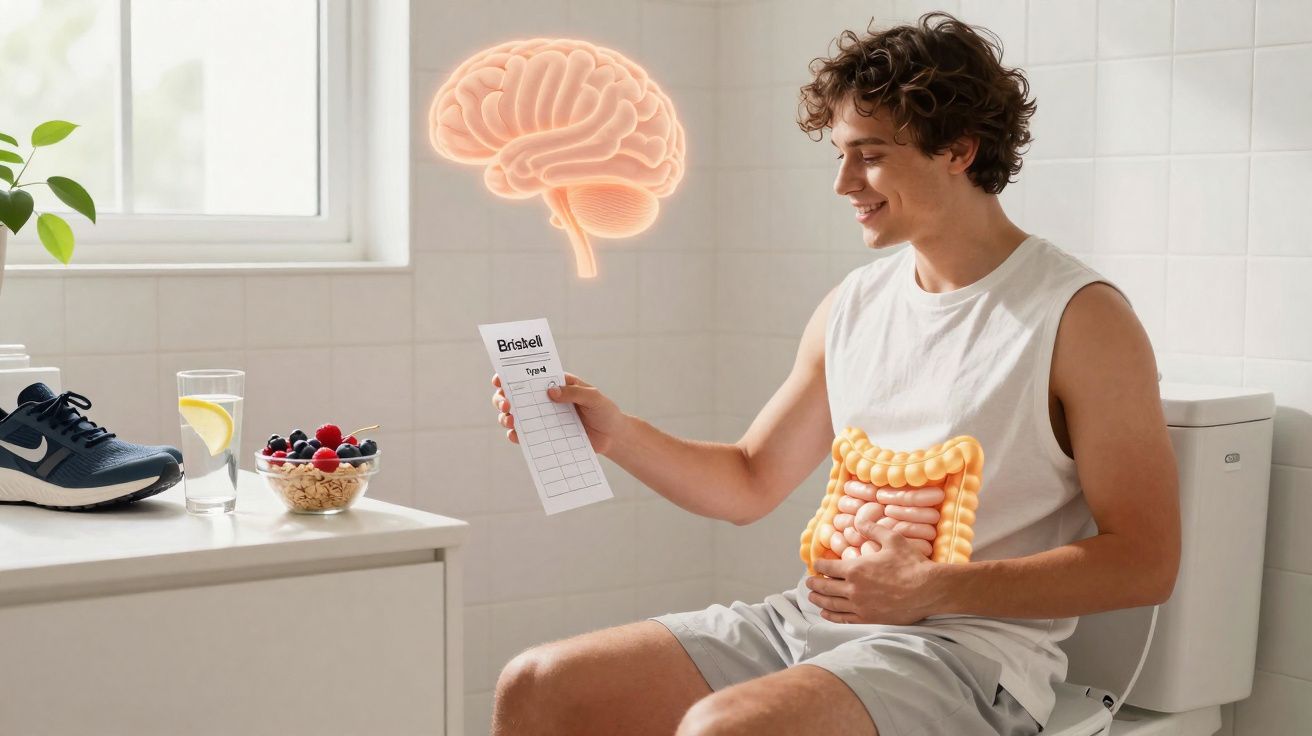 Homem sentado na sanita segurando papel, com representação do cérebro e sistema digestivo visíveis.