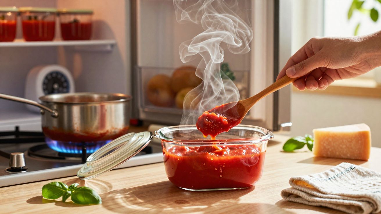 Mãos a mexer molho de tomate fumegante numa tigela, com fogão e queijo ao fundo.