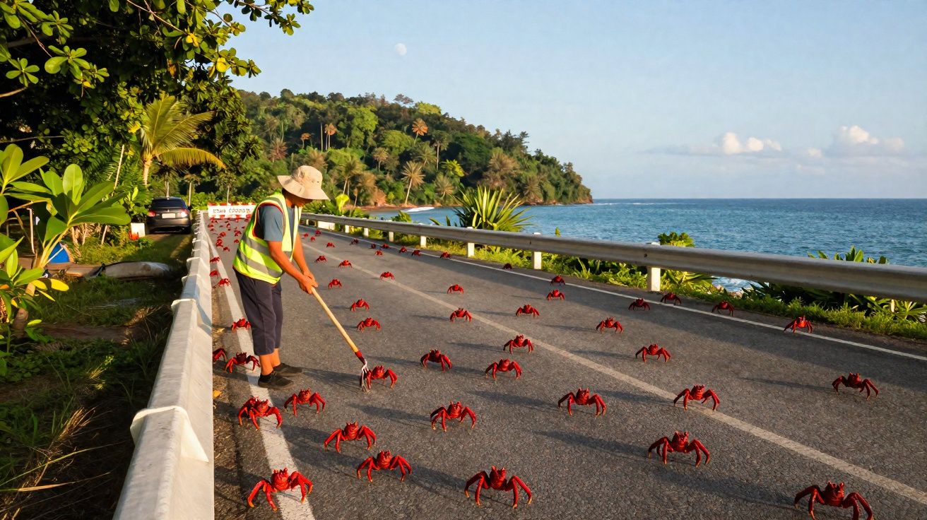 Pessoa a ajudar caranguejos vermelhos a atravessar uma estrada perto do mar e floresta.