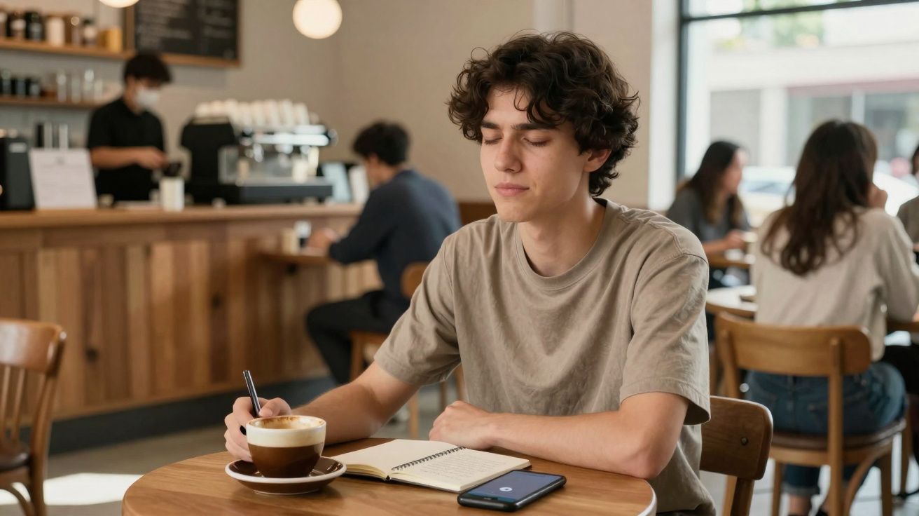 Jovem sentado num café, com caderno aberto, caneta na mão, telefone e chá na mesa à sua frente.