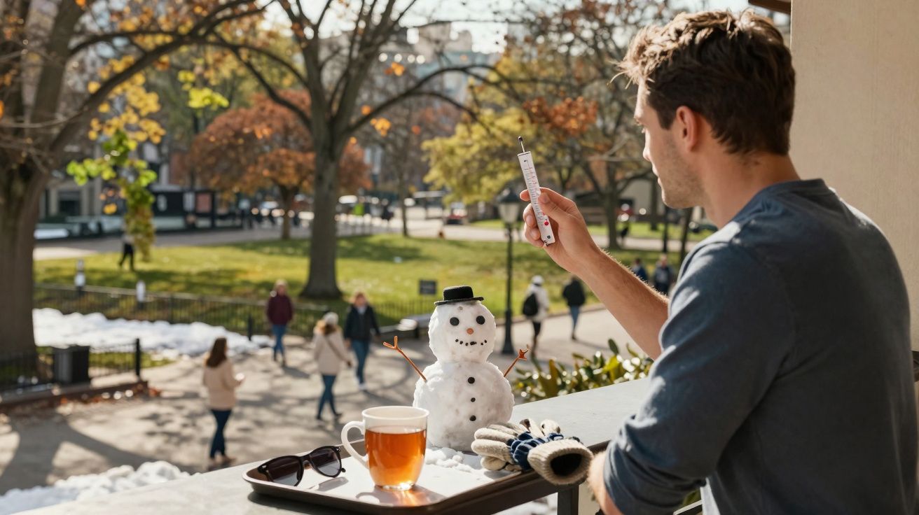Homem mede a temperatura de boneco de neve numa varanda com chá e luvas num dia de outono.