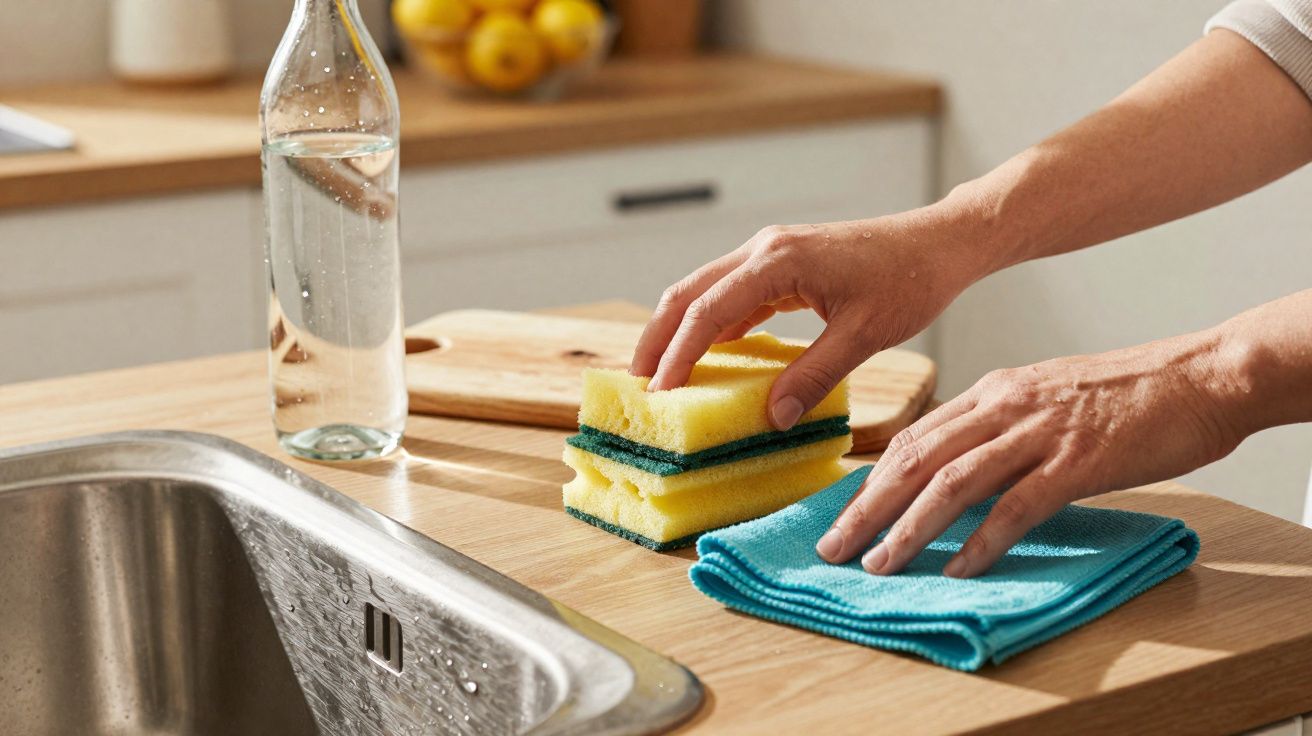 Mãos a arrumar esponjas amarelas e um pano azul junto a uma pia numa cozinha com garrafa de vidro e limões ao fundo.