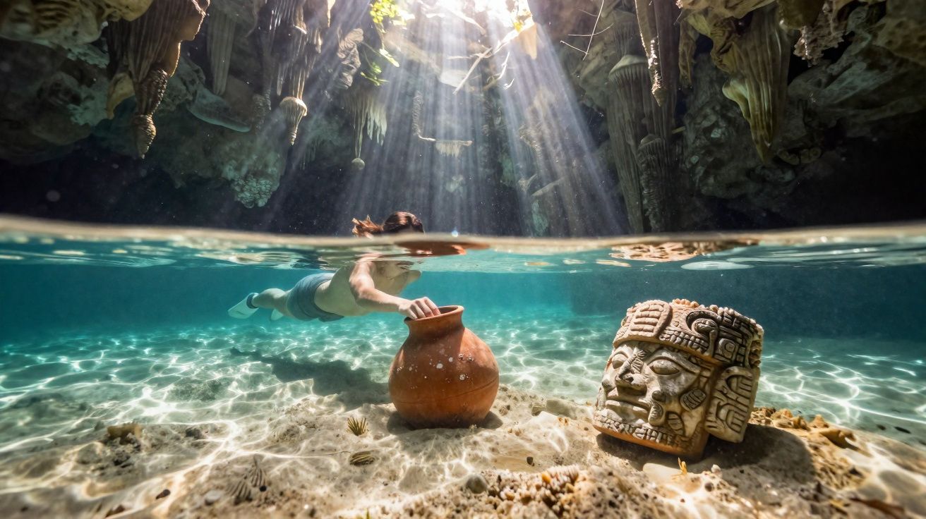 Pessoa a nadar numa gruta subaquática perto de cerâmica antiga e uma escultura maia no fundo do lago.