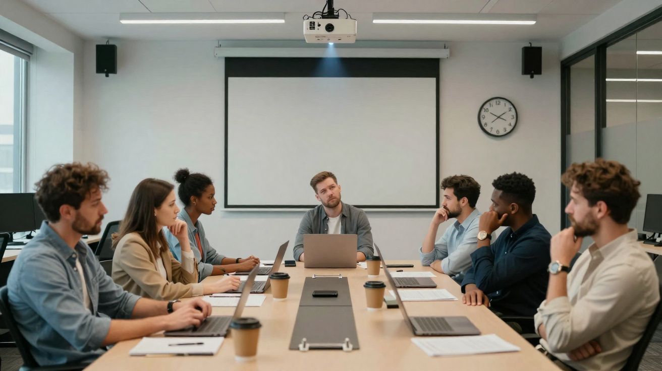 Reunião de negócios com sete profissionais sentados à mesa, laptops e café numa sala de conferências moderna.