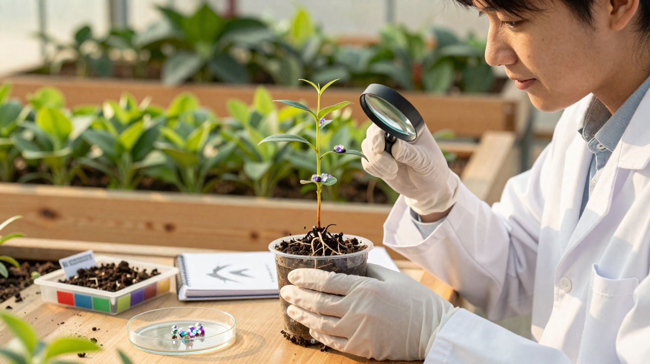 Cientista em laboratório observa planta jovem em vaso transparente com lupa, usando luvas e bata branca.