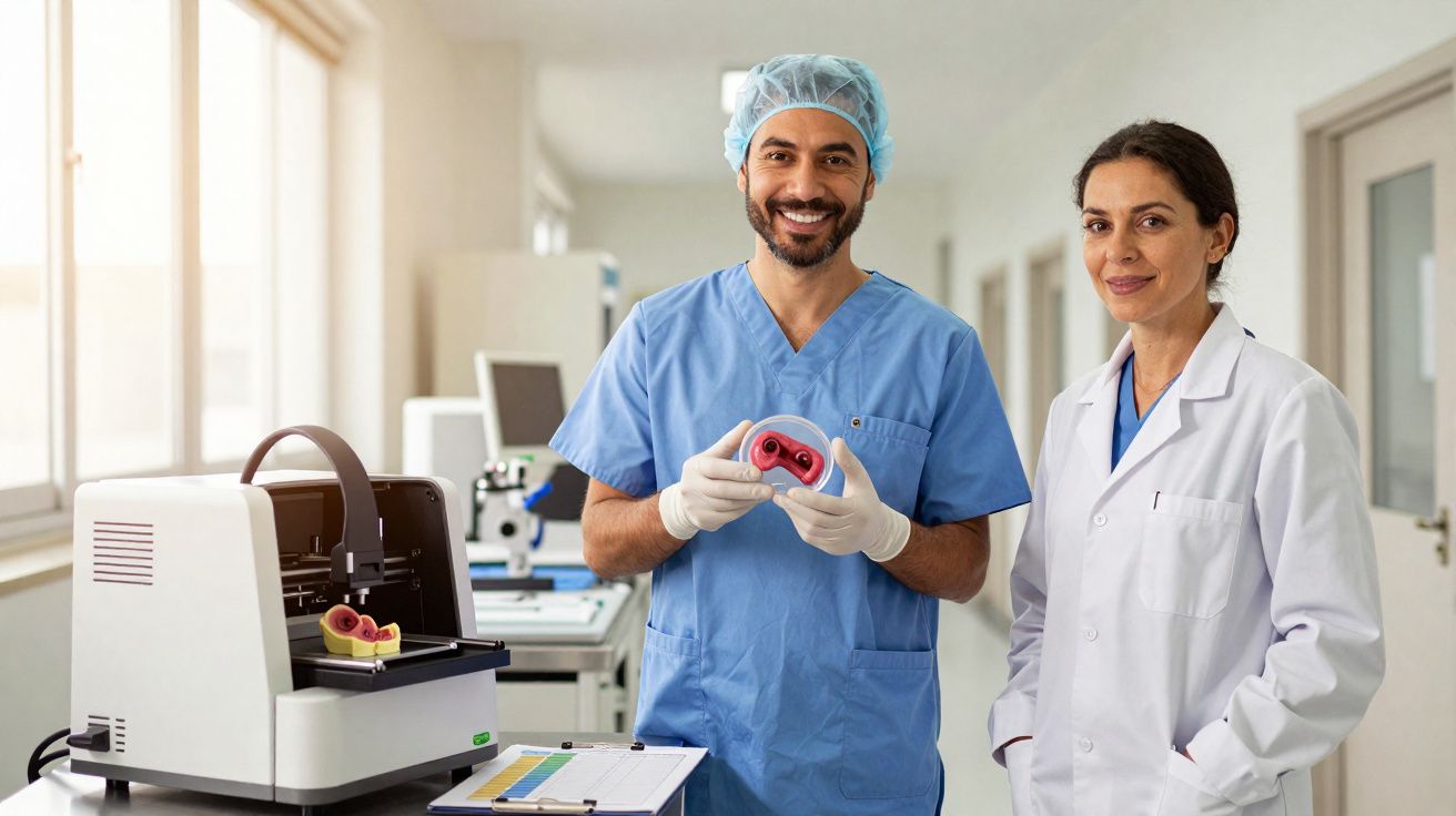 Dois médicos em laboratório com modelo anatómico impresso em 3D, sorrindo para a câmara.