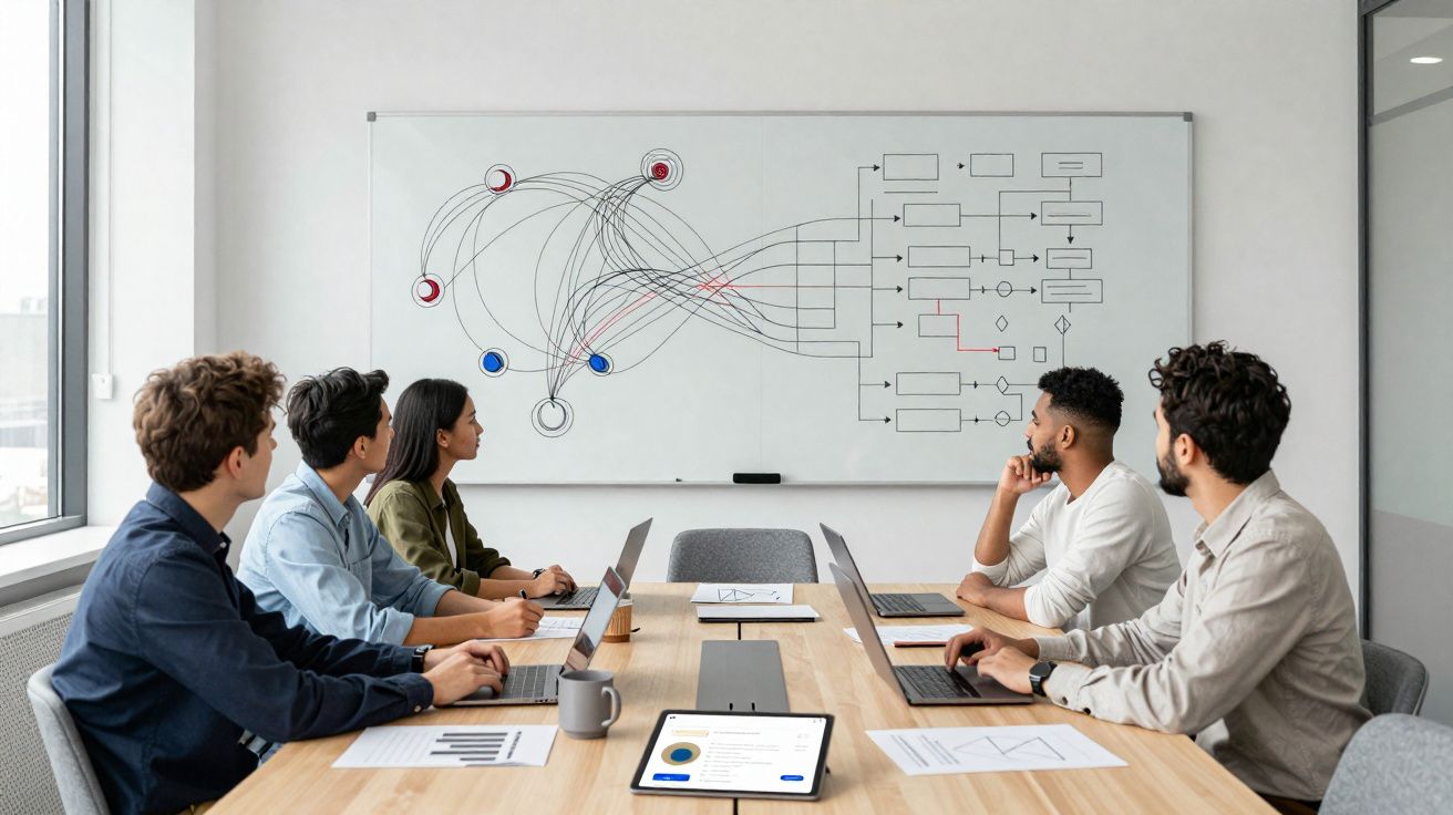 Grupo de cinco pessoas numa reunião a analisar fluxograma desenhado num quadro branco numa sala moderna.