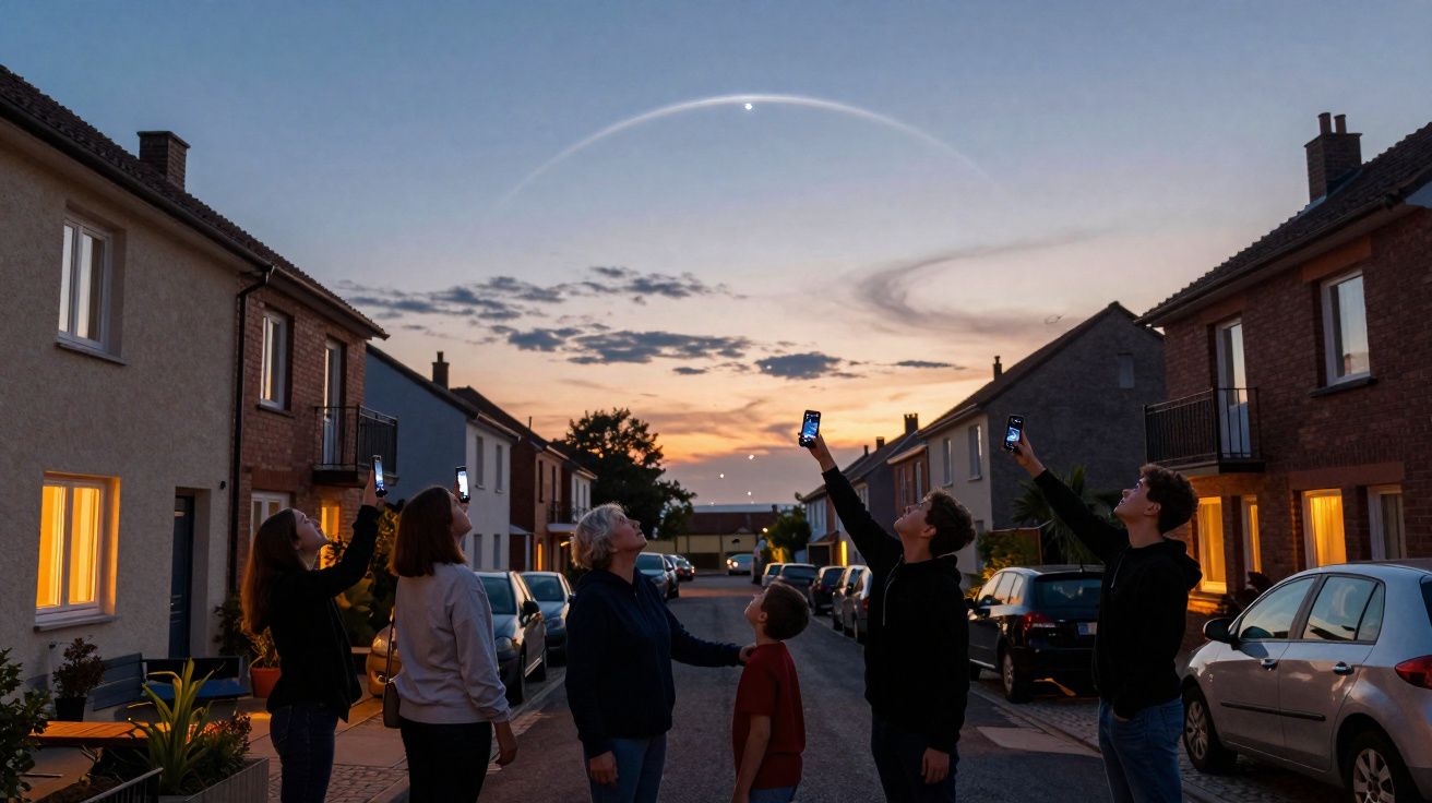Pessoas numa rua residencial ao anoitecer a tirar fotos ao céu onde se vê um halo luminoso em arco e estrelas.