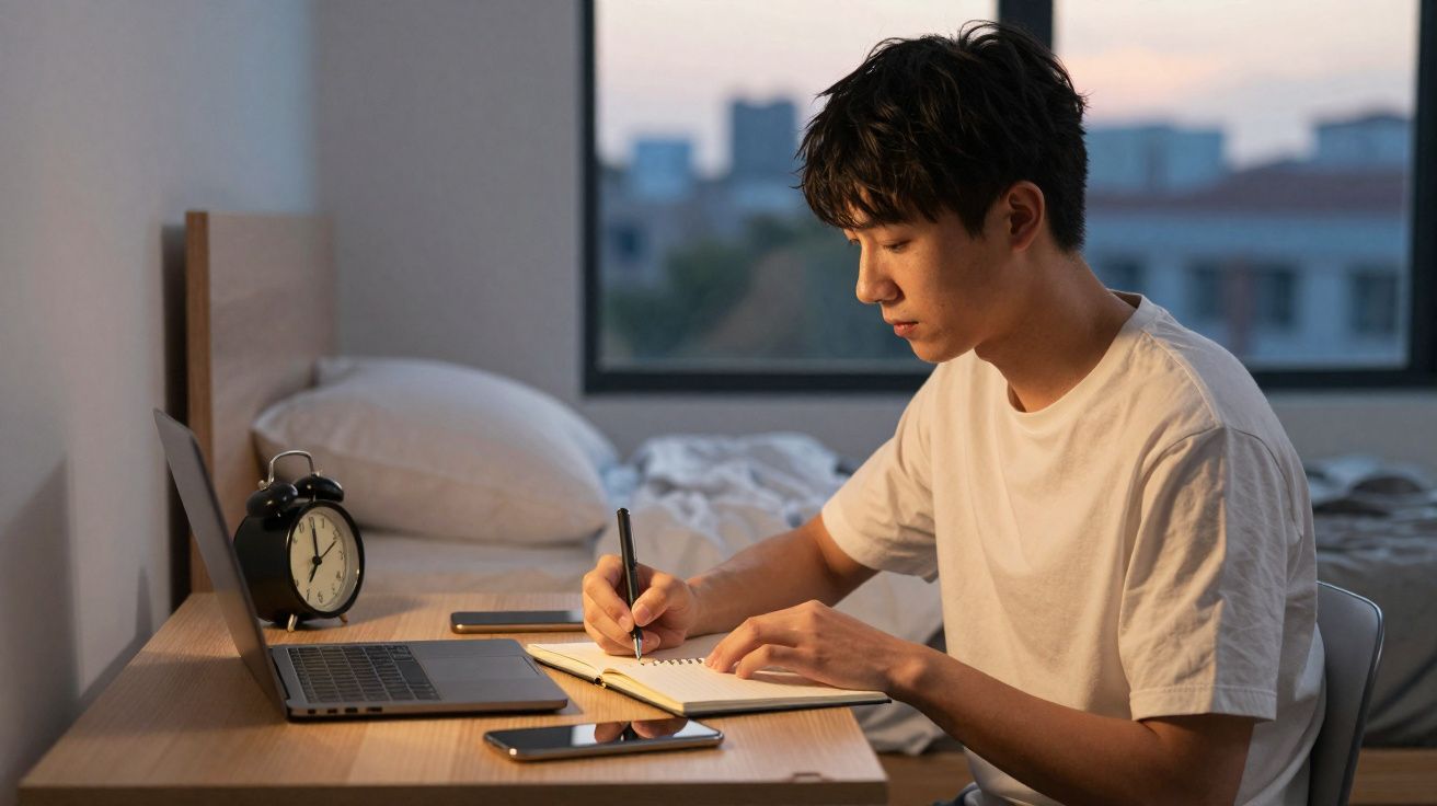 Jovem sentado numa mesa a escrever num caderno, com computador portátil, telemóvel e relógio num quarto ao entardecer.