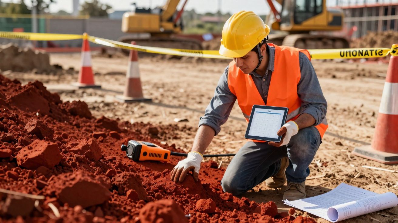 Trabalhador de construção com capacete e colete, inspeciona solo vermelho com tablet na mão num canteiro.