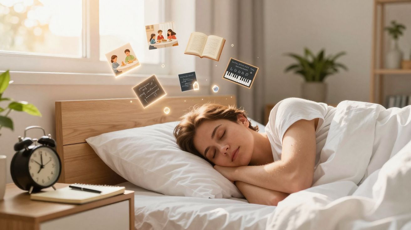 Pessoa a dormir na cama com imagens flutuantes de estudo e aprendizagem ao seu redor.