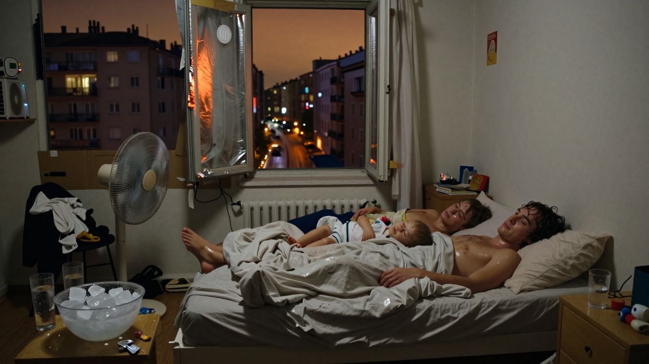 Quarto escuro com janela aberta e três pessoas a descansar numa cama grande durante a noite.