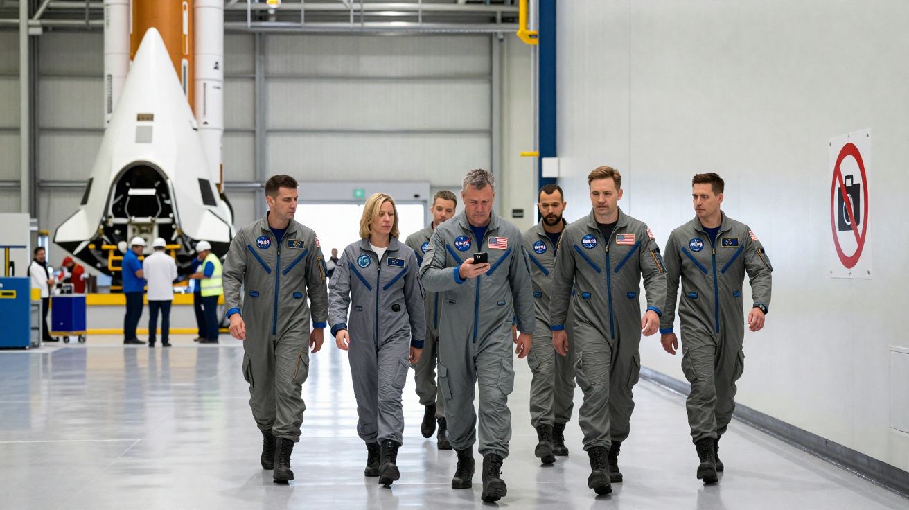 Seis astronautas de fatos espaciais cinzentos caminham numa instalação espacial com um foguetão ao fundo.