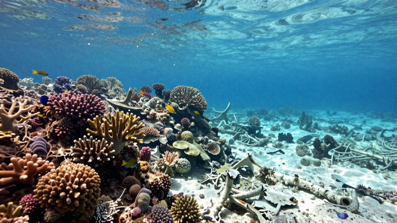 Recife de coral colorido e peixe amarelo nadando num fundo marinho com areia e corais quebrados.