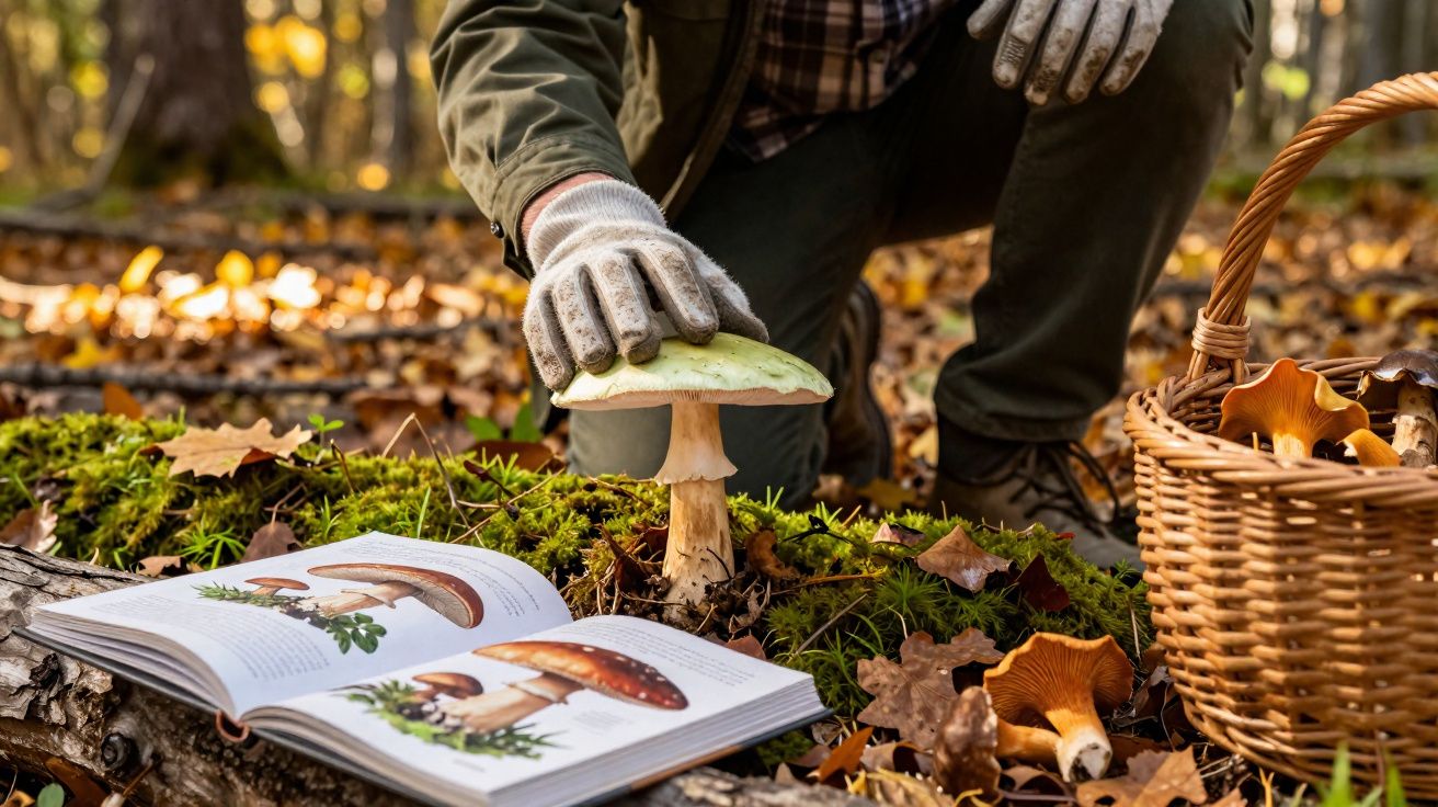 Pessoa com luvas colhe cogumelos no bosque, com livro aberto e cesta junto no chão coberto de folhas.