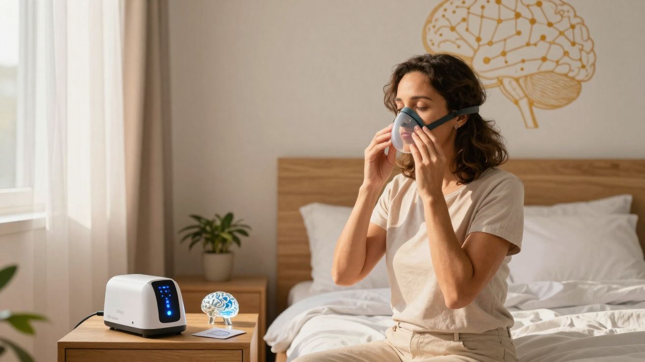 Mulher sentada na cama a usar uma máscara ligada a um dispositivo médico numa mesa de cabeceira.