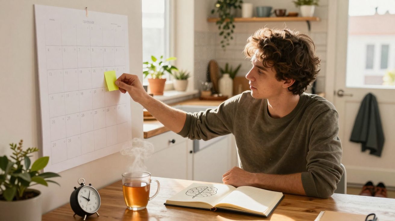 Jovem sentado à mesa com chá quente, a colar um post-it num calendário na parede da cozinha luminosa.