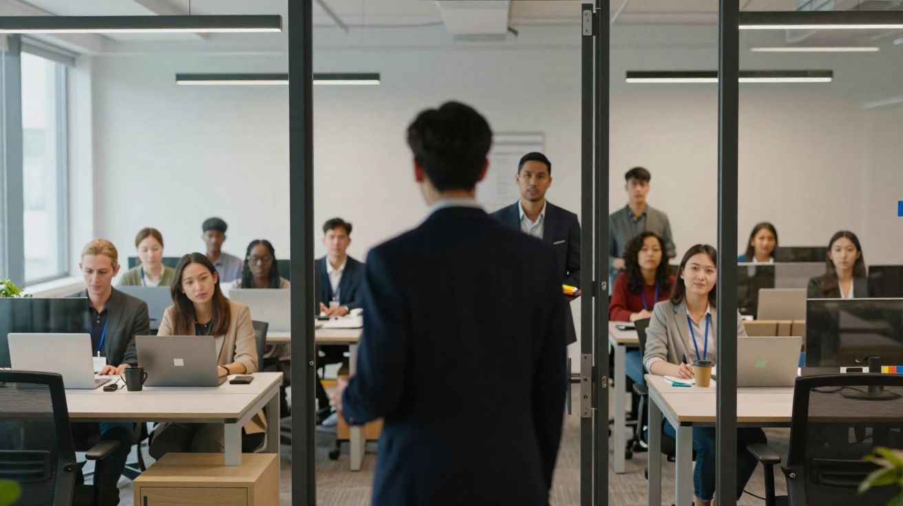 Homem de negócios de costas a apresentar para audiência diversificada numa sala de reuniões moderna.