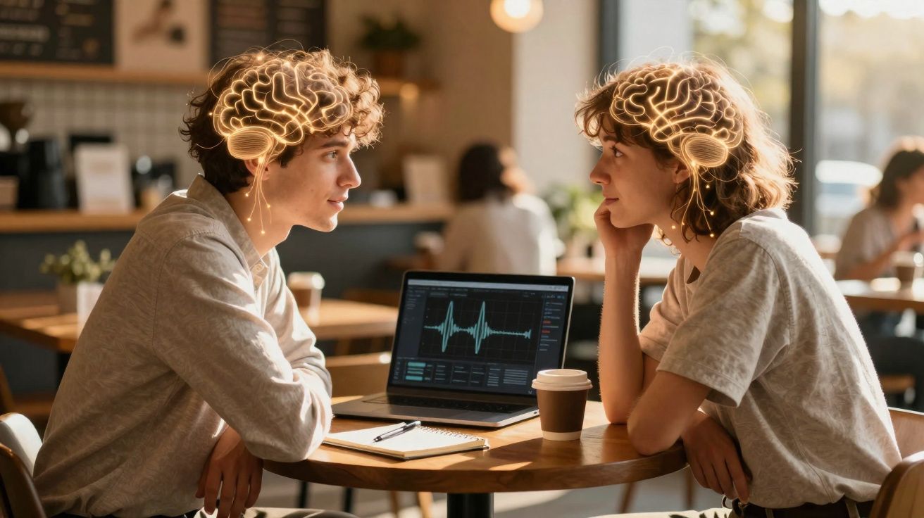 Duas pessoas sentadas em café olhando-se, com ilustração de cérebros e laptop com gráfico de som na mesa.