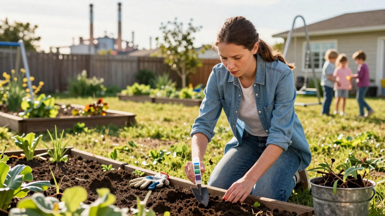 Mulher a analisar a qualidade do solo com um medidor num jardim comunitário ao ar livre.