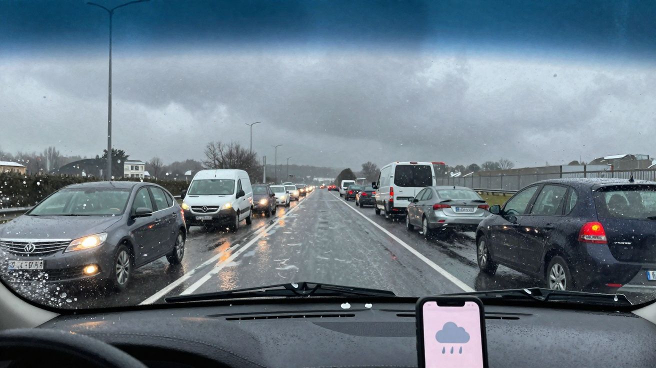 Trânsito intenso em estrada molhada sob céu nublado, com vista do interior de um carro e telefone mostrando ícone de chuva.