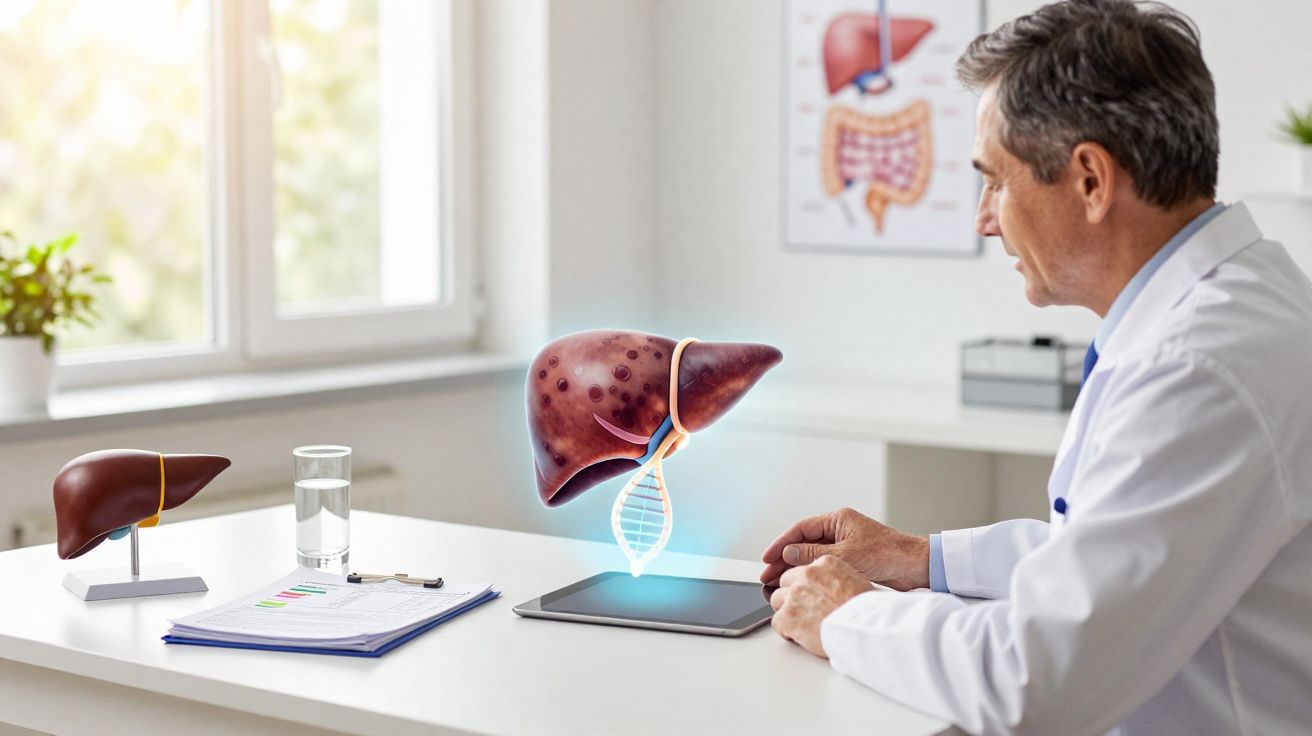 Médico observa holograma de fígado com DNA numa mesa de consultório iluminado pela luz natural.