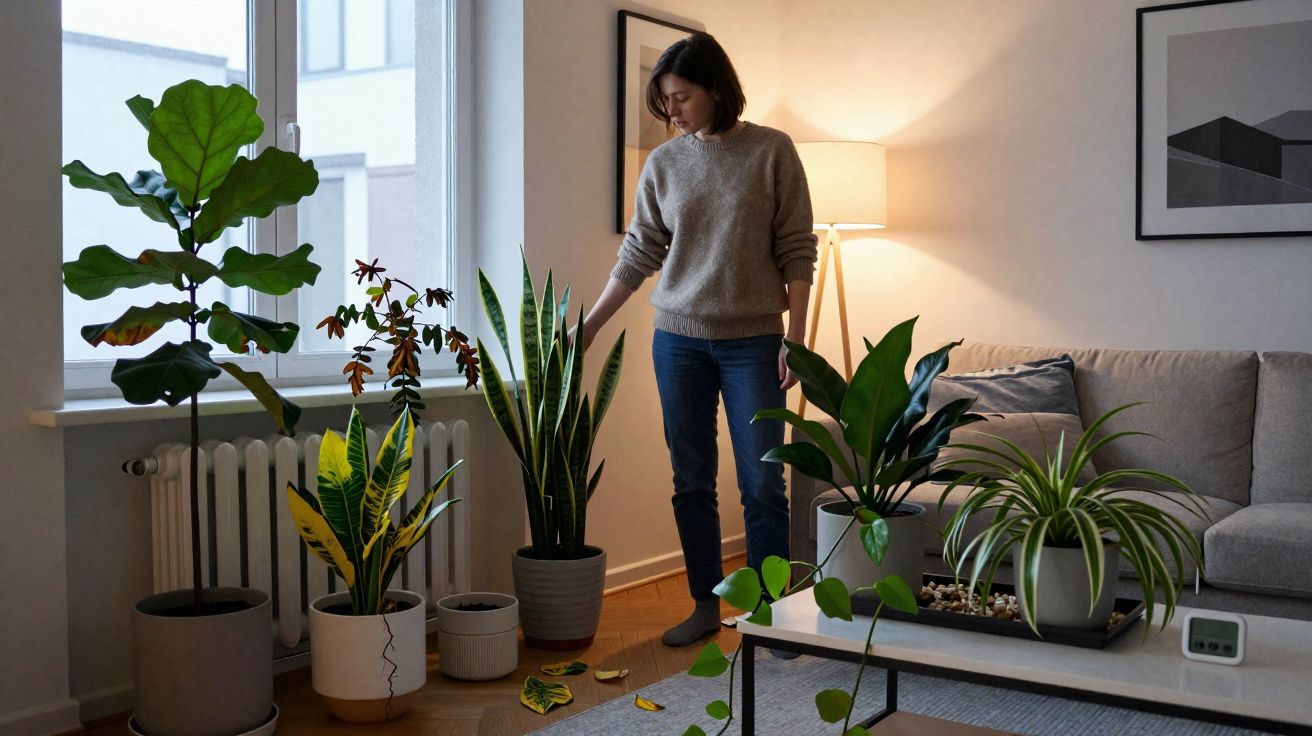 Mulher a cuidar de plantas em vasos num sala de estar com sofá, candeeiro e janela.