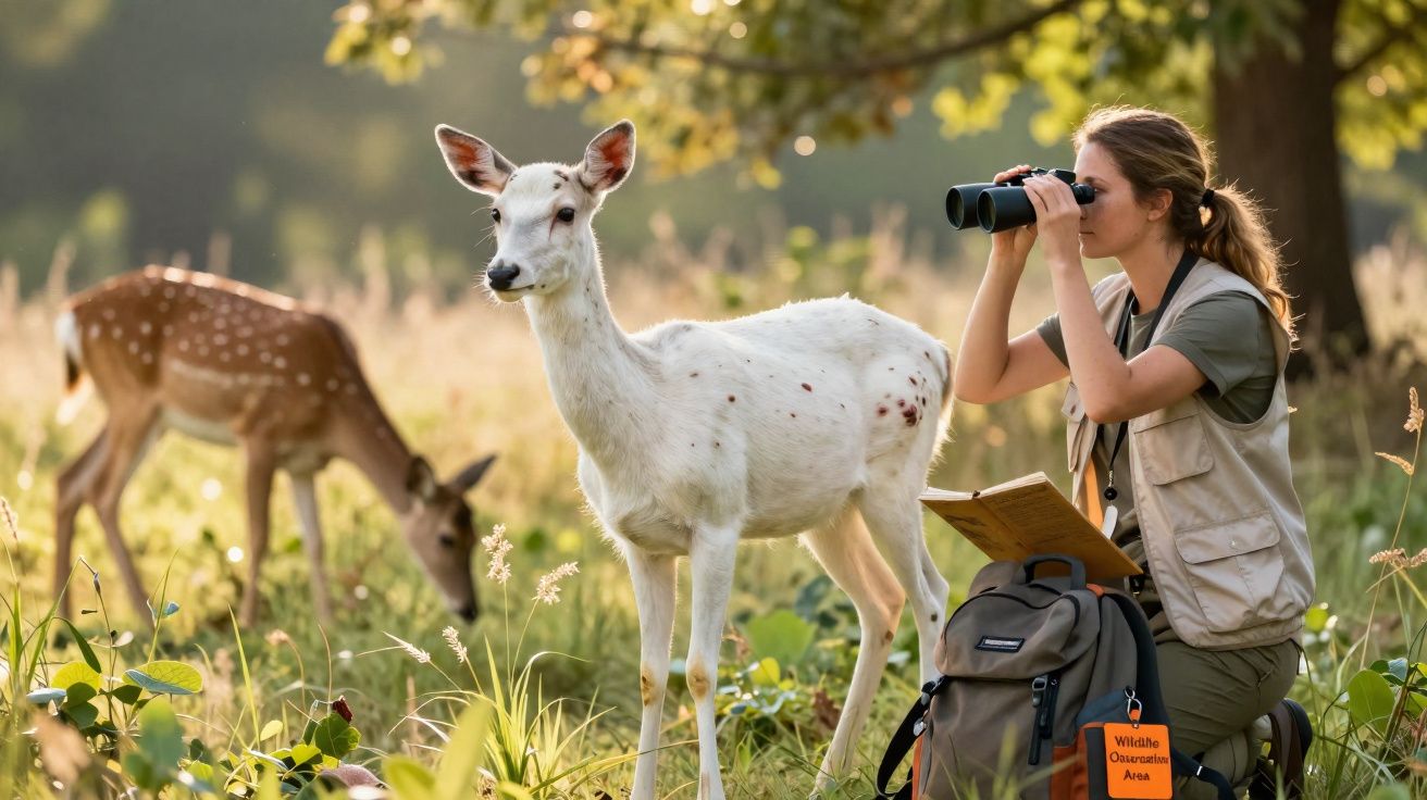 Mulher observa veados com binóculos em área de observação de vida selvagem numa floresta.