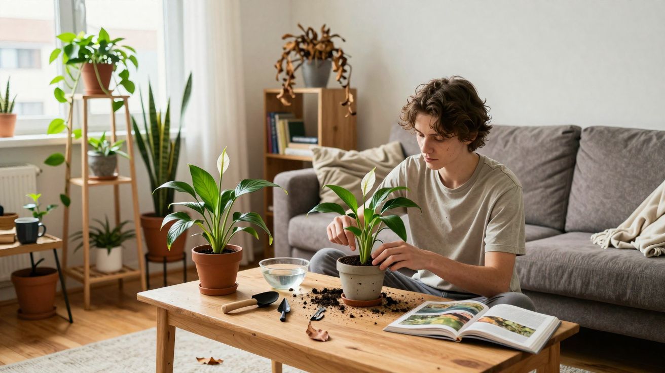 Jovem a cuidar de plantas numa sala de estar com várias plantas e móveis modernos.