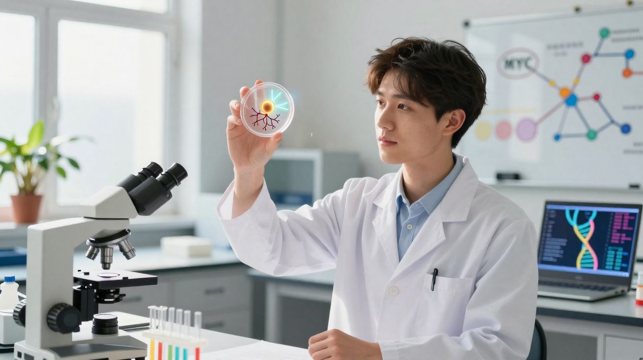 Cientista a observar lâmina com célula num laboratório com microscópio e gráfico ao fundo.