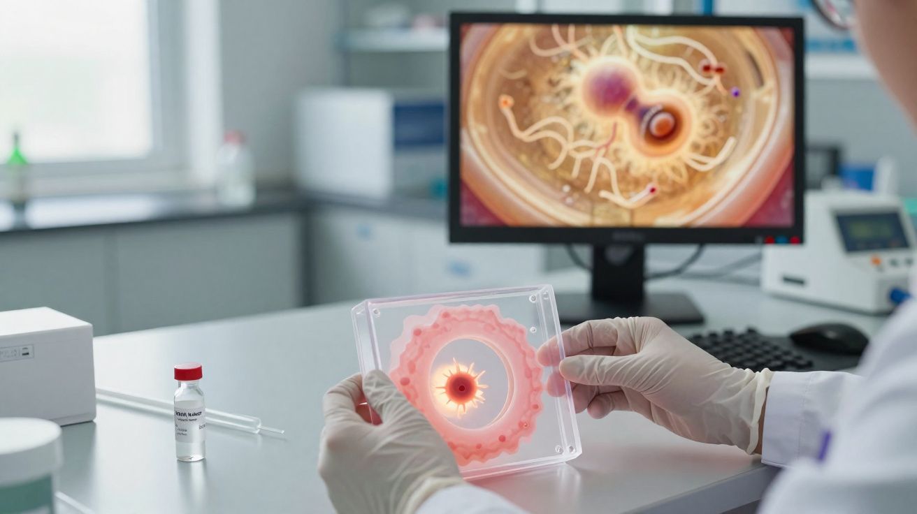 Mãos com luvas seguram modelo de célula, com imagem microscópica da célula num ecrã ao fundo.