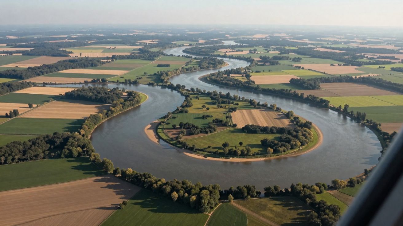Rio sinuoso rodeado por campos agrícolas vistos de um ponto elevado num dia claro.