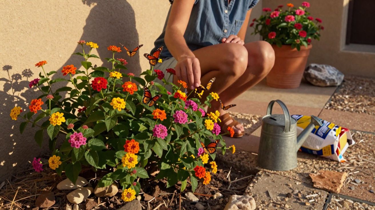 Pessoa agachada a tocar numa borboleta em flores coloridas num jardim com regador e fertilizante ao lado.