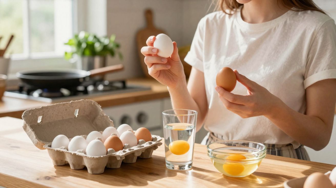 Pessoa a segurar um ovo branco e outro castanho junto a caixa de ovos e recipientes com ovos partidos na cozinha.