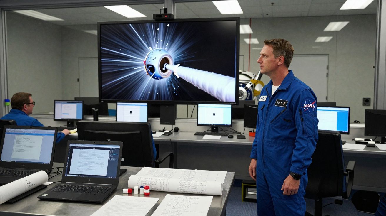 Homem com fato NASA observa ecrã com imagem de sonda espacial num laboratório com computadores.