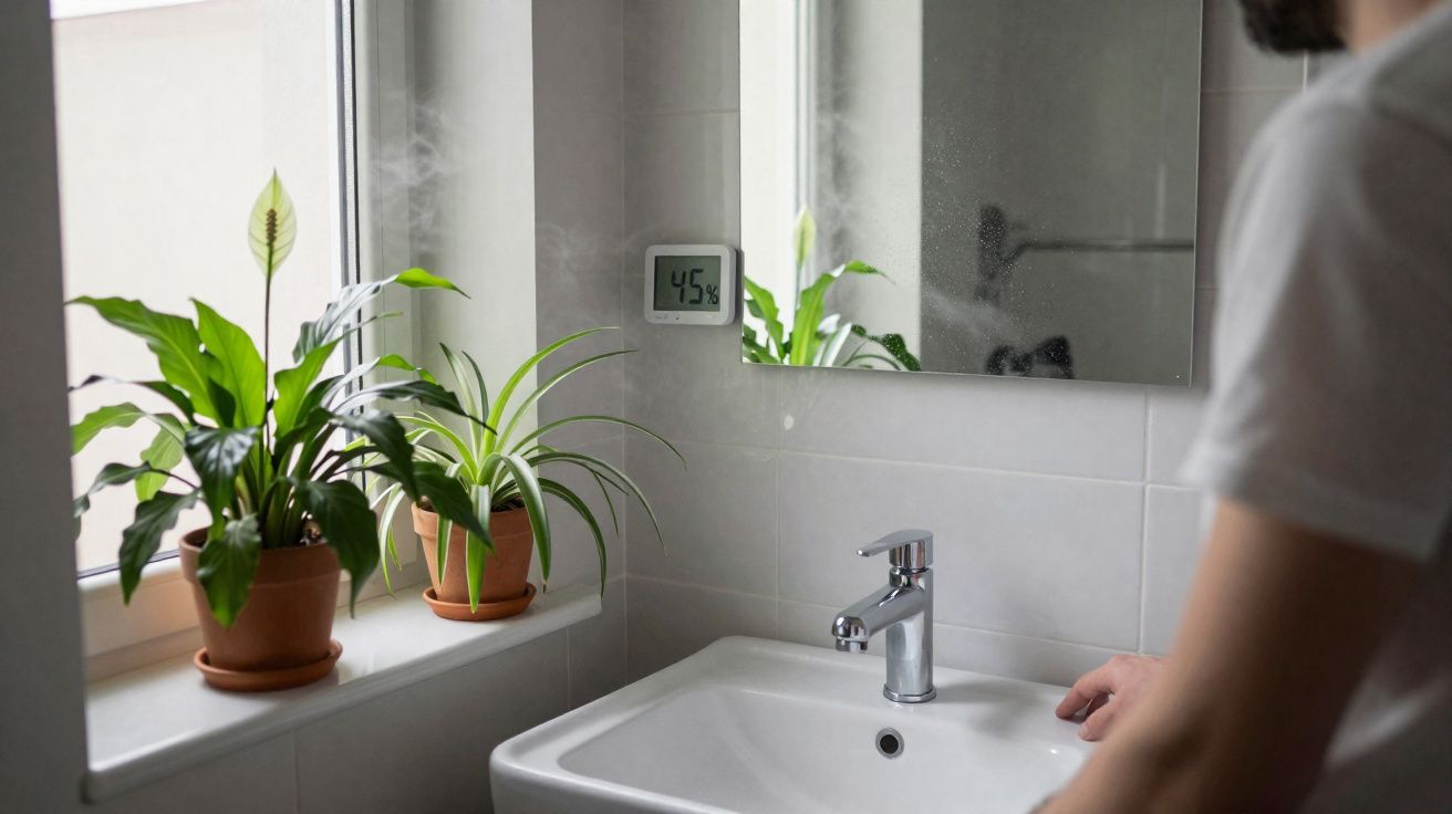 Casa de banho com plantas na janela, termohigrómetro digital a indicar 45% de humidade e lavatório branco.