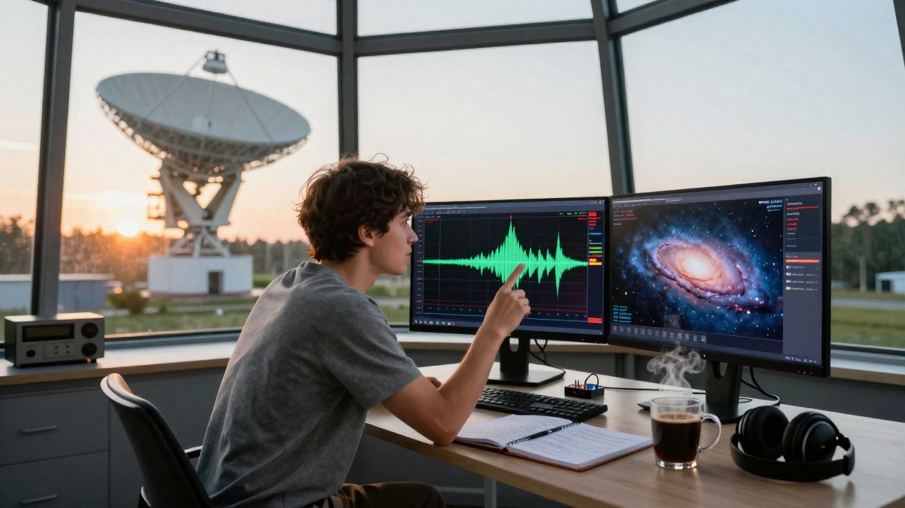 Jovem analisa sinais numéricos em ecrãs de computador com antena parabólica ao fundo ao nascer do sol.