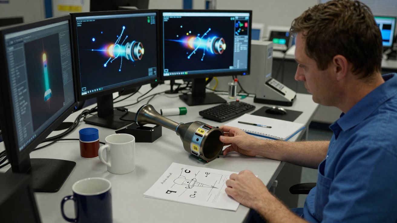 Homem a analisar componente de motor e desenhos técnicos em escritório com vários ecrãs de computador.