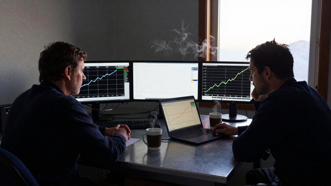 Duas pessoas analisam gráficos financeiros em múltiplos ecrãs com café numa sala iluminada pela janela.