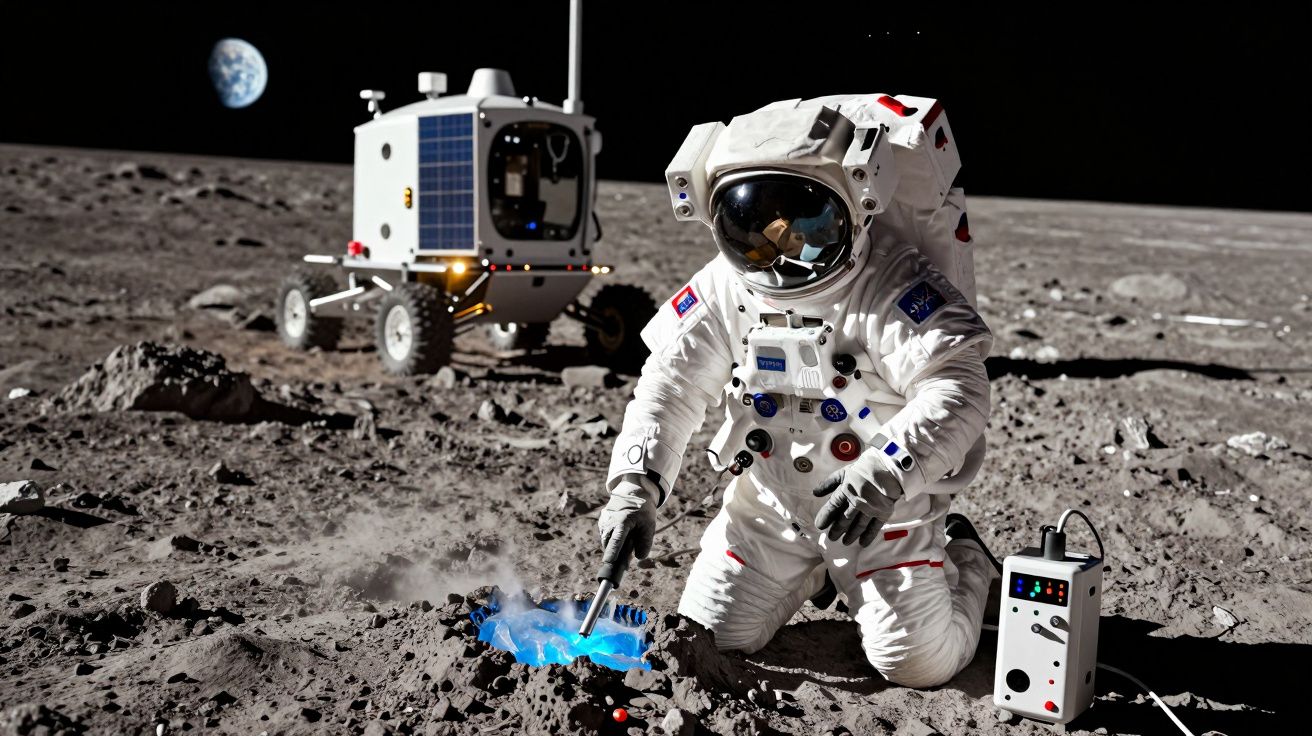 Astronauta com fato espacial realiza experimento com luz azul na superfície lunar, com veículo atrás e Terra ao fundo.