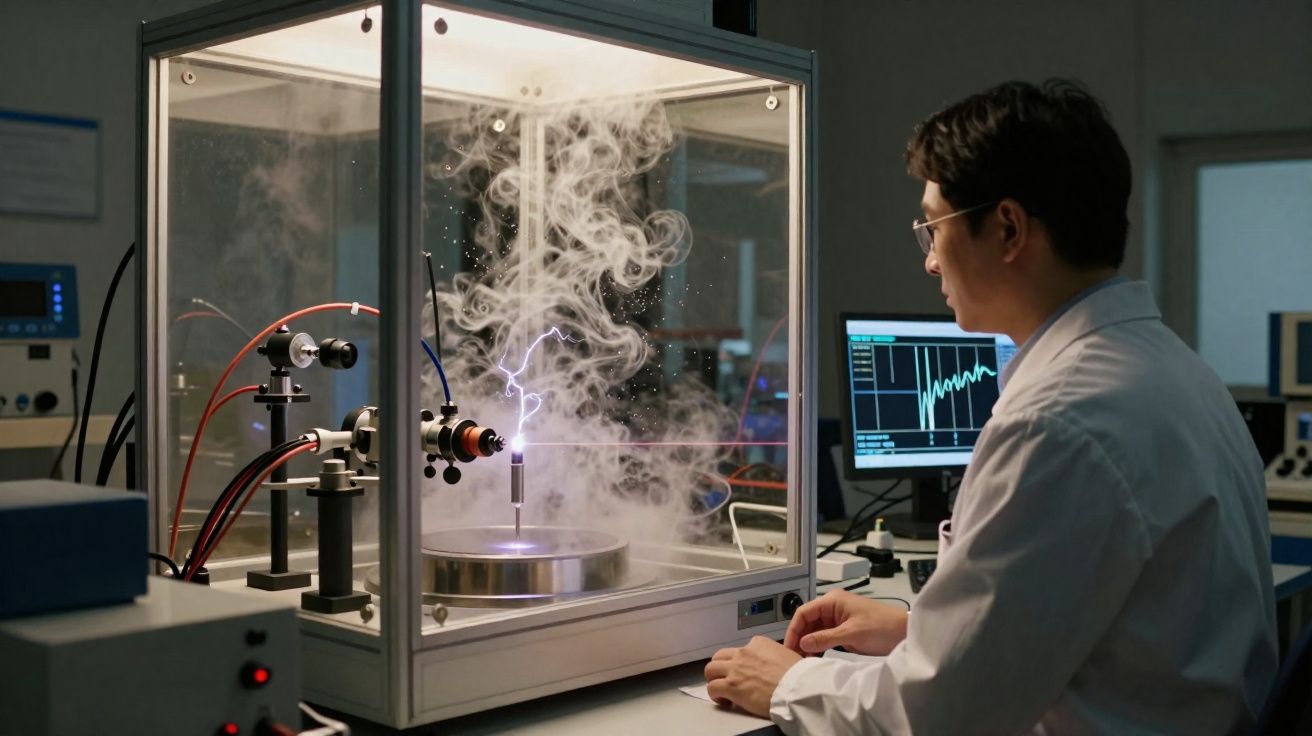 Cientista observa experiência com eletricidade e vapor numa câmara de vidro num laboratório.
