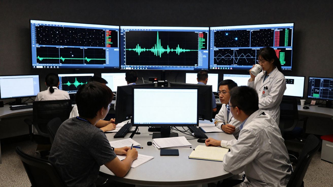 Equipa científica em laboratório a analisar dados em vários ecrãs com gráficos e mapas celestes.