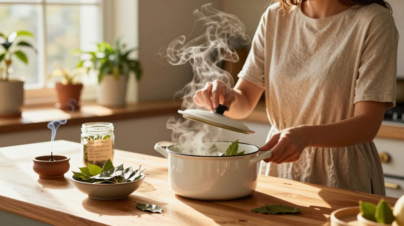 Pessoa a retirar tampa de panela a vapor com folhas de louro na bancada de madeira da cozinha.